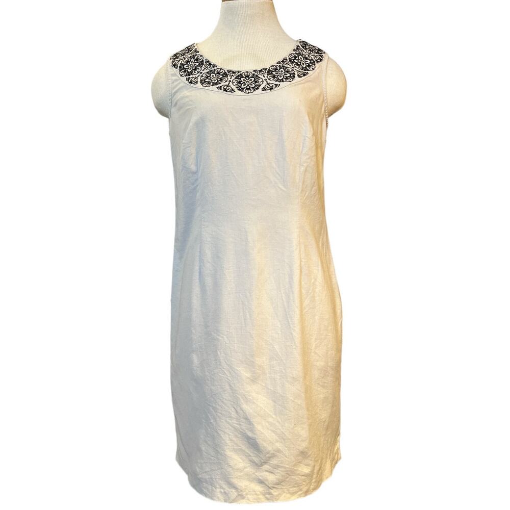 Vtg Style Linen Blend Sheath Dress 212 Collection Size 8 Cream Embroidered Neck